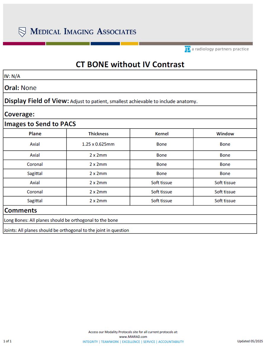 CT Bone without IV Contrast